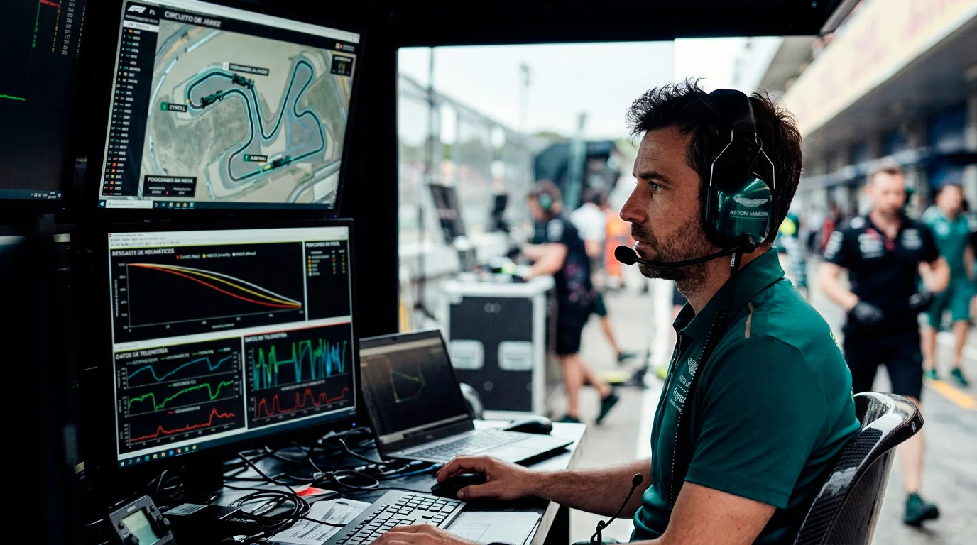 Ingeniero de Fórmula 1 monitorizando datos de telemetría en tiempo real durante una carrera